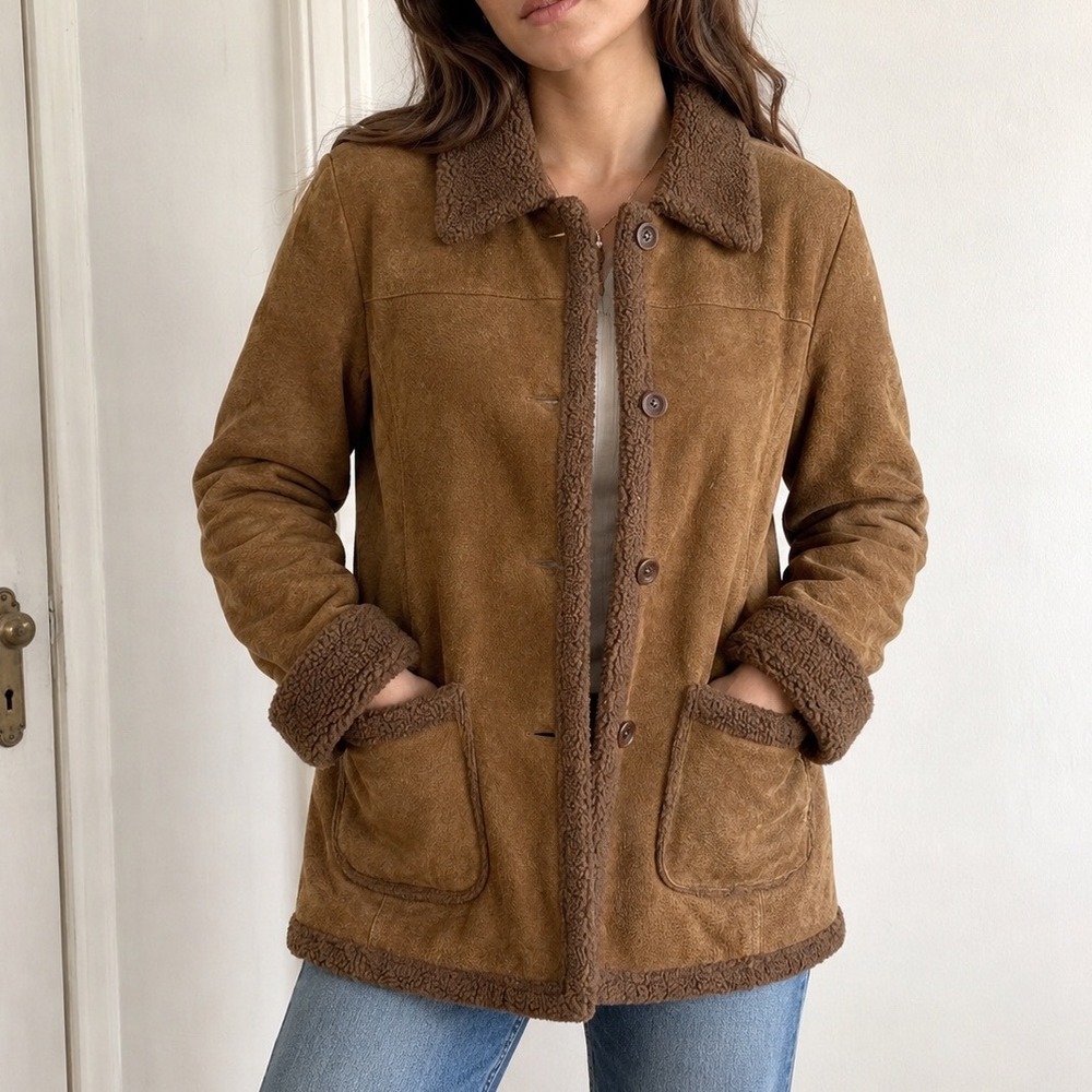 Vintage Suede Leather Shearling Trim Jacket Brown Tan S Coat western Aflani